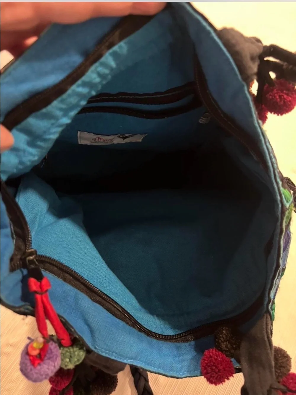 aMano Fair Trade Blue Green Embroidered Bird Boho Tote Bag Pom Poms